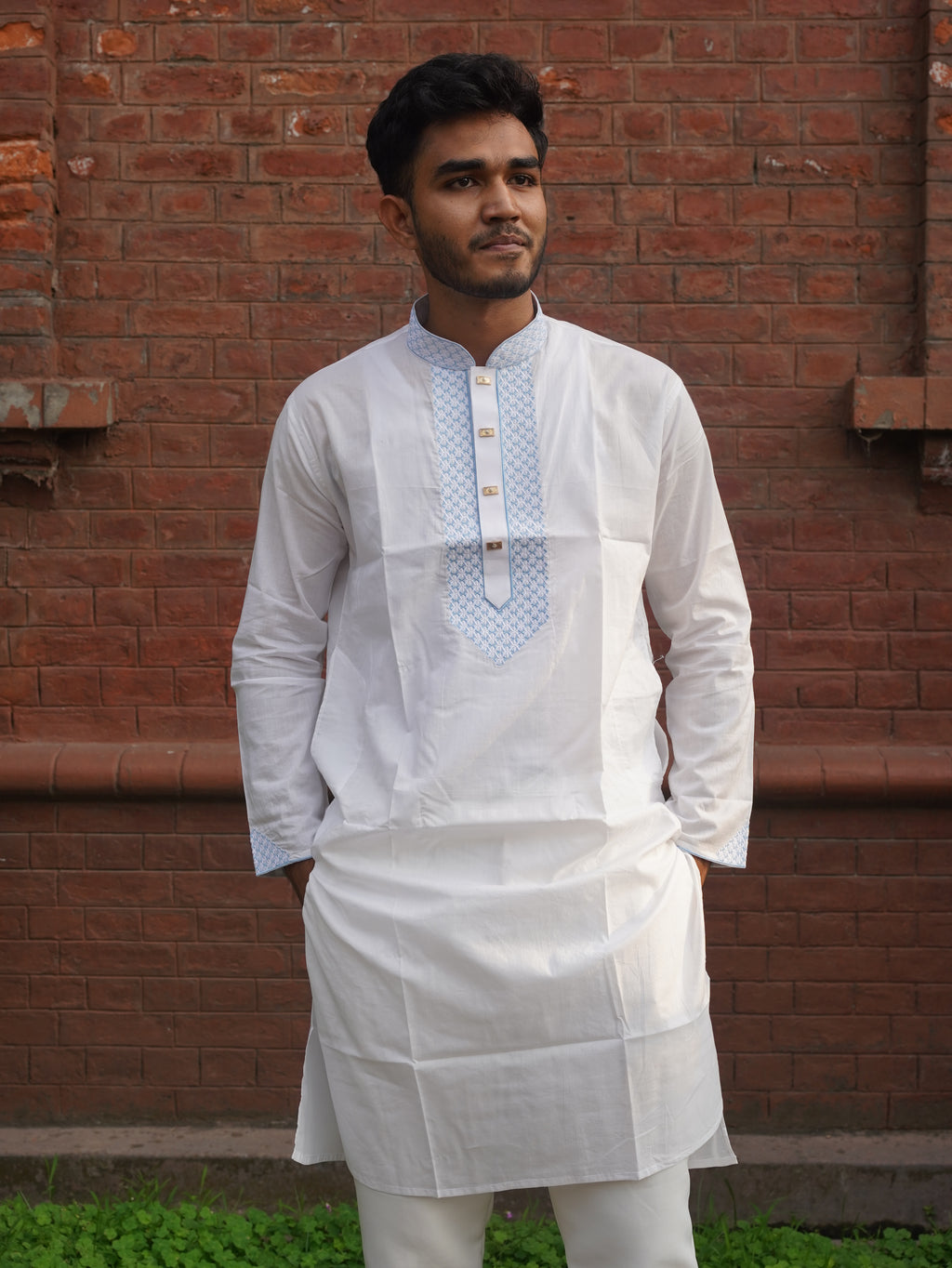 110-White Embroidered Addi Cotton 100% Suti Panjabi