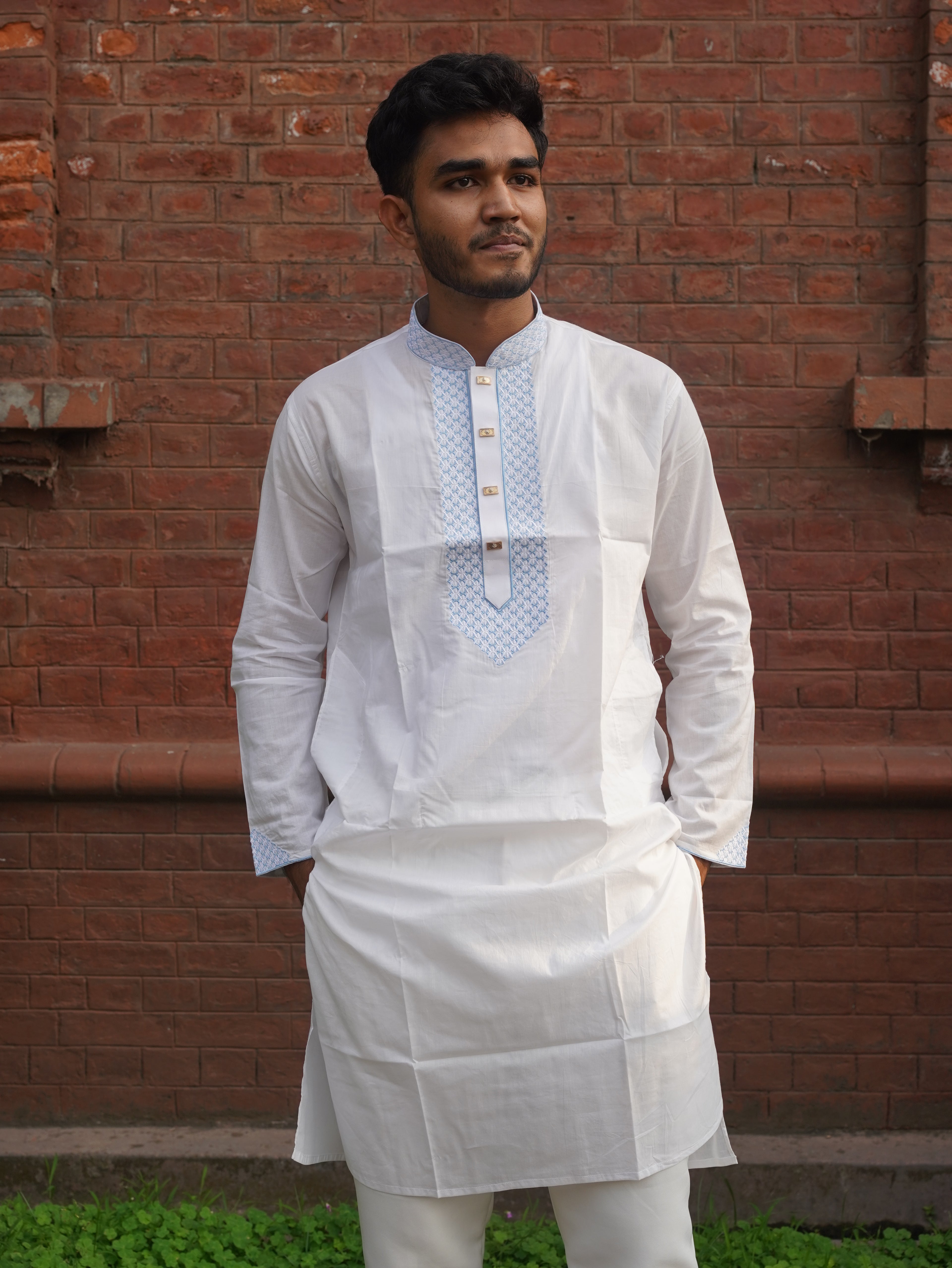 110-White Embroidered Addi Cotton 100% Suti Panjabi