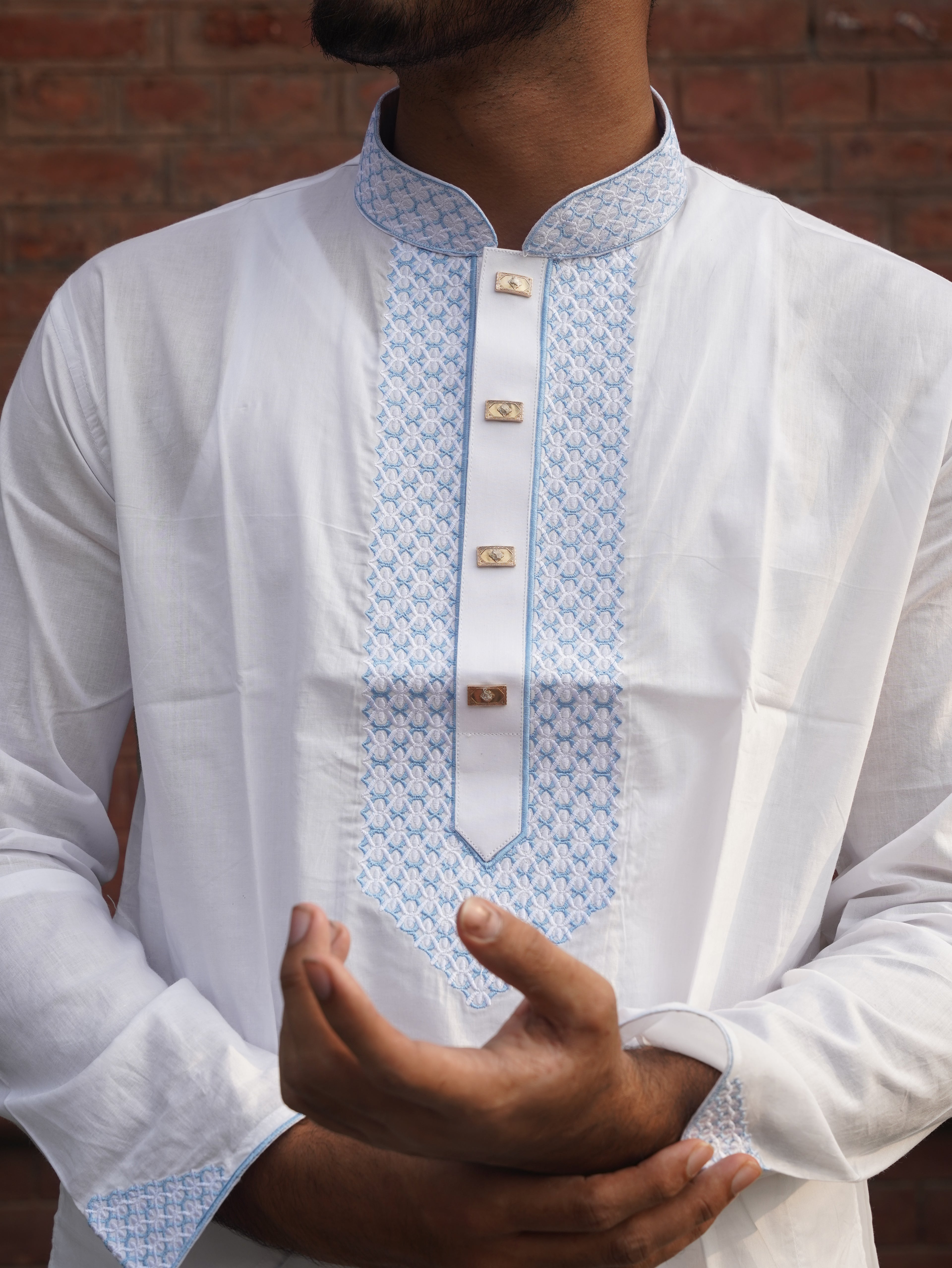 110-White Embroidered Addi Cotton 100% Suti Panjabi