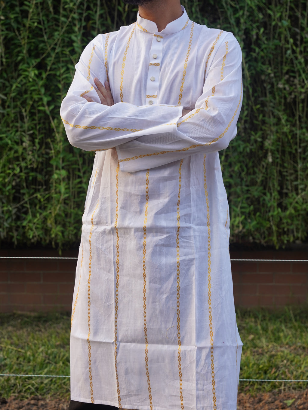 106-White Printed Addi Cotton Golden Step 100% Suti Panjabi