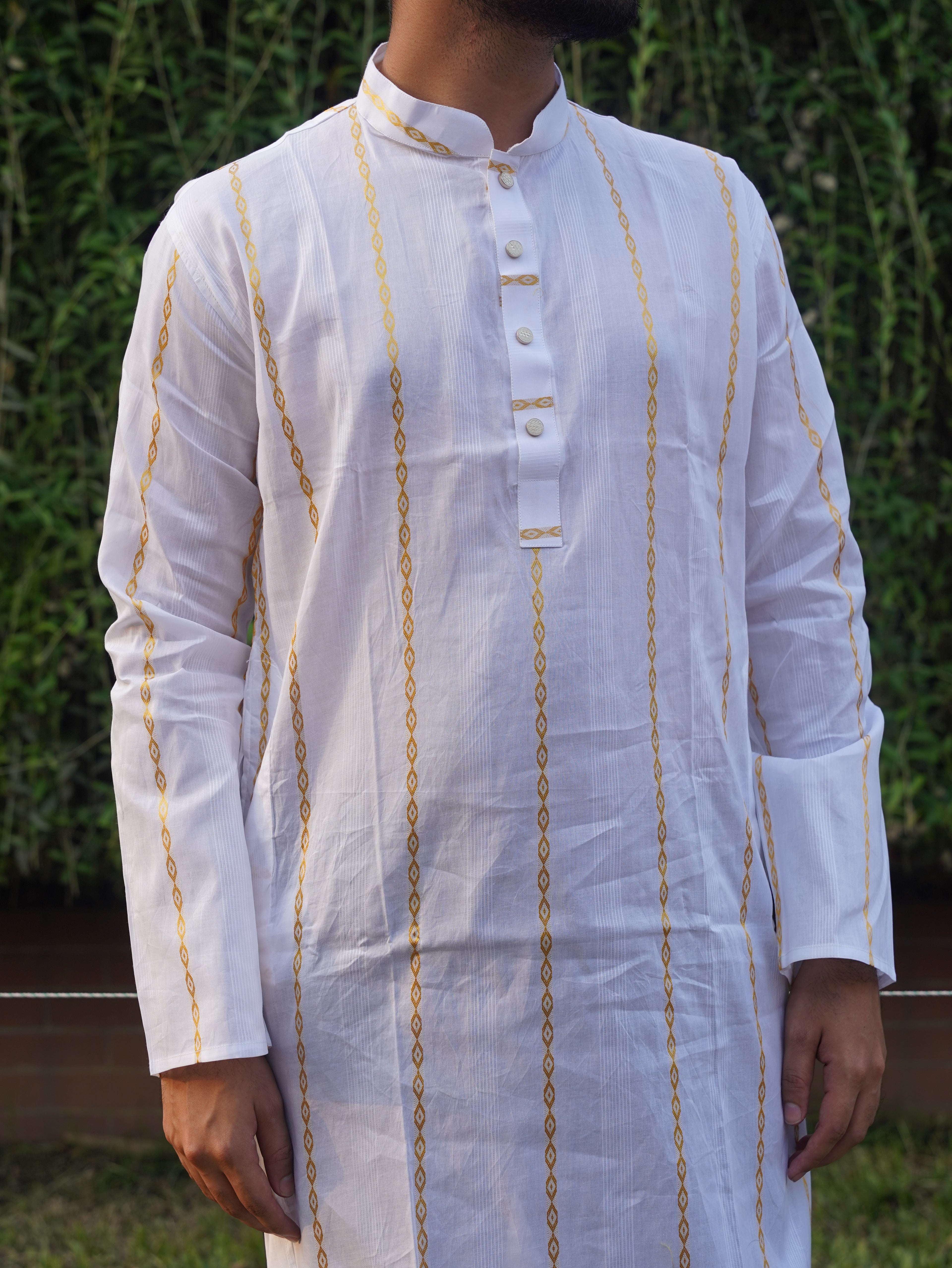 106-White Printed Addi Cotton Golden Step 100% Suti Panjabi