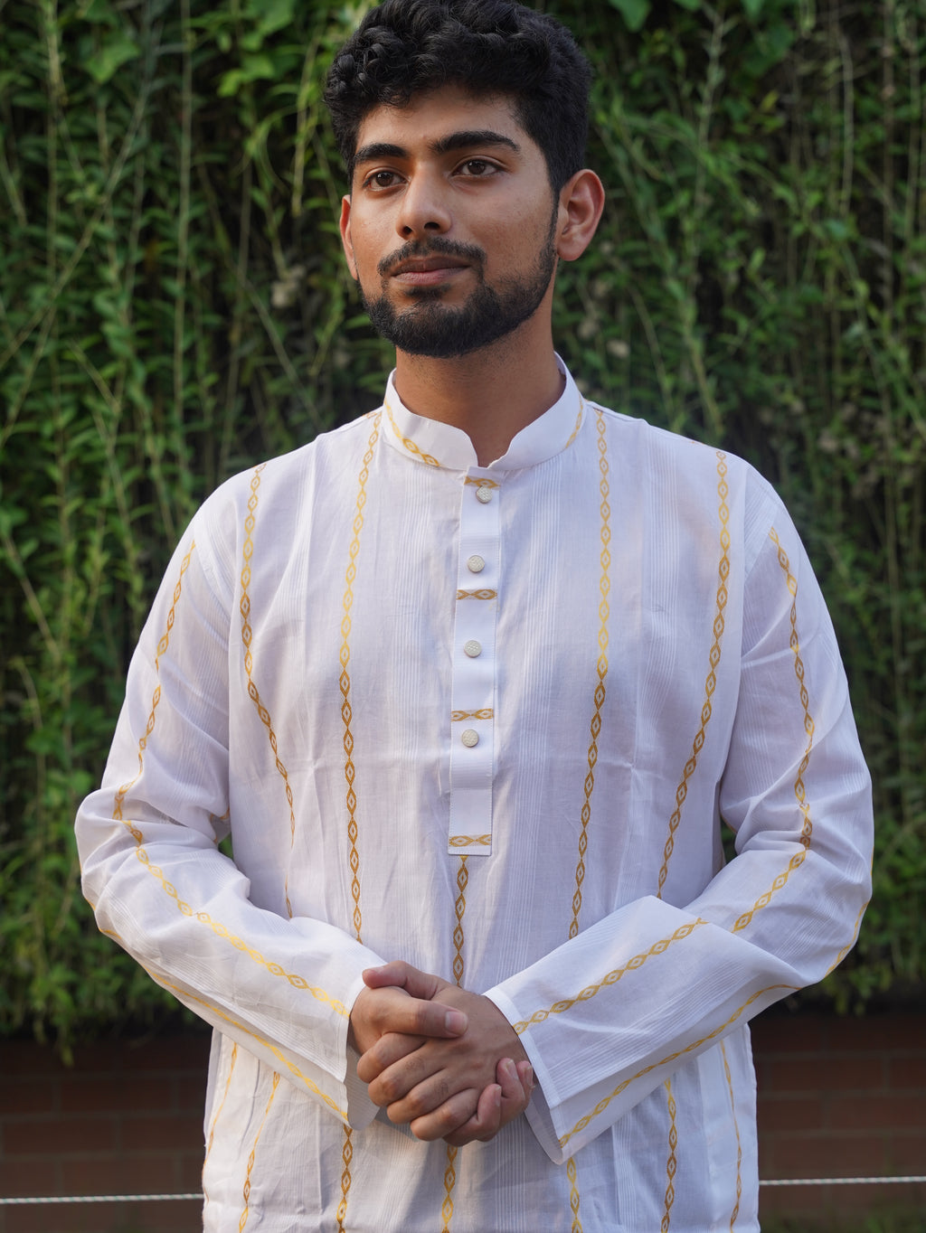 106-White Printed Addi Cotton Golden Step 100% Suti Panjabi