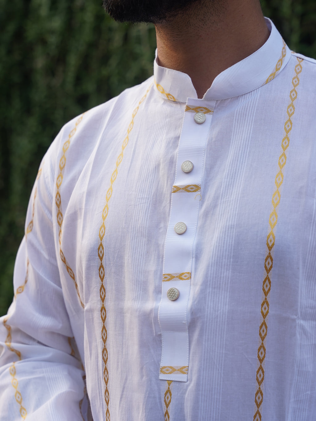 106-White Printed Addi Cotton Golden Step 100% Suti Panjabi