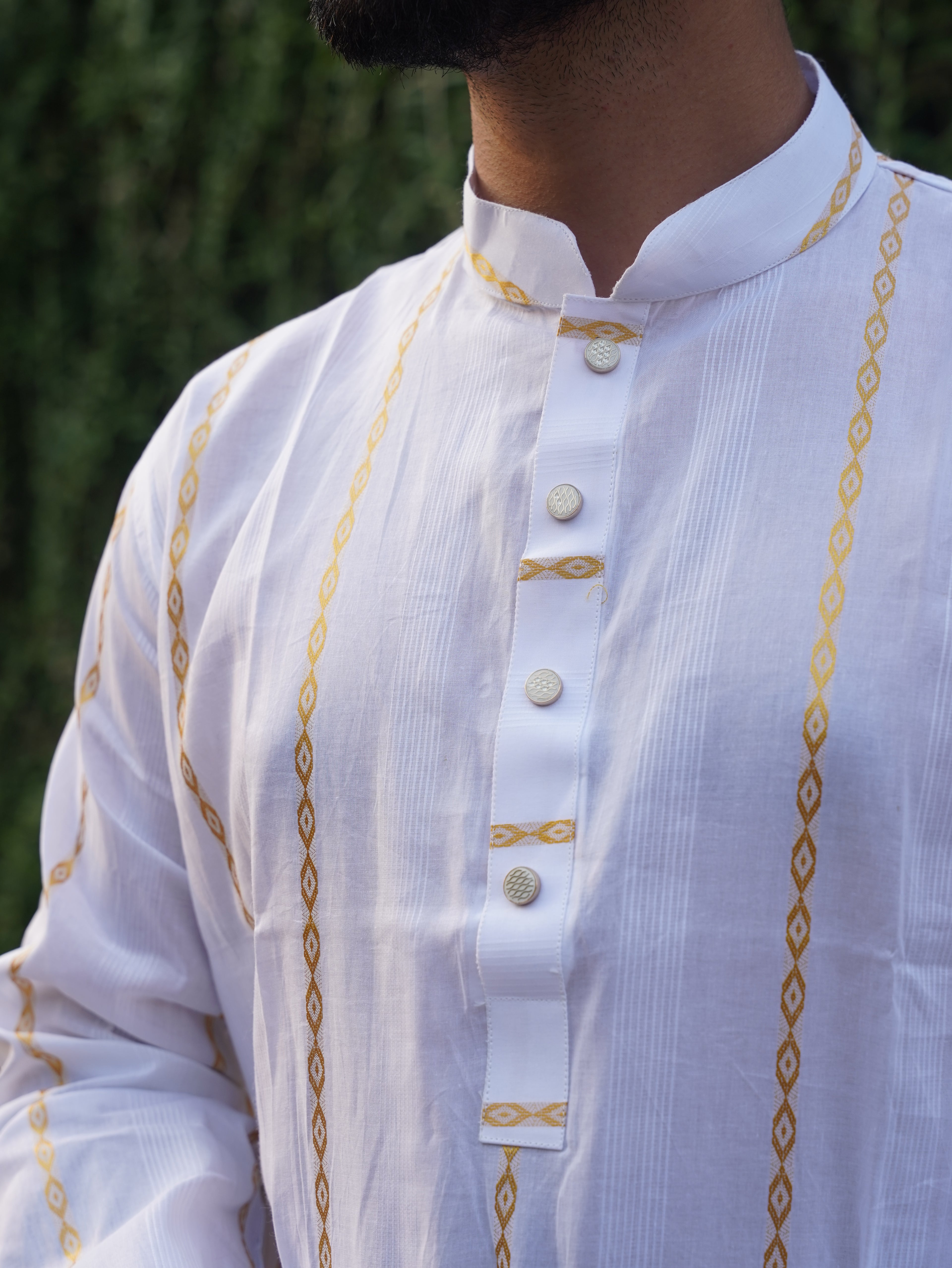 106-White Printed Addi Cotton Golden Step 100% Suti Panjabi
